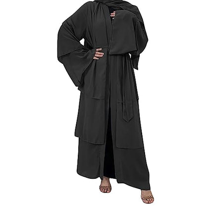 Muslim Chiffon Abaya for Women Open Front Cardigan Modest Dress with Hijab Scarf Middle East Arabian Robe Islamic Long Dress - color: Black, size: Large