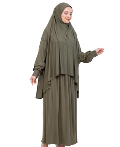Prien Soft Prayer Dress For Women, Muslim Abaya Hijab Set, Long Turkish Cotton Praying Outfit, Islamic Clothes For Ramadan - color: Khaki