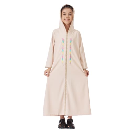 Kids Girls Abaya Muslim Long Sleeve Hooded Lace Embroidered Prayer Dress Arabic Kaftan Dubai Islamic Dresses - color: Beige Hoodies, size: 3-4T
