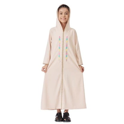 Kids Girls Abaya Muslim Long Sleeve Hooded Lace Embroidered Prayer Dress Arabic Kaftan Dubai Islamic Dresses - color: Beige Hoodies, size: 3-4T