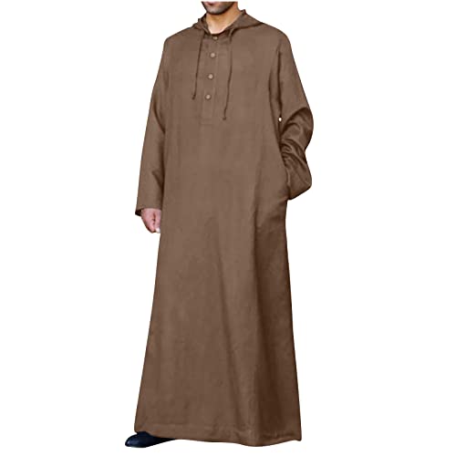 Ctreela Kaftan Thobe for Men Big And Tall Muslim Hooded Robe Mens Long Sleeve Caftan Thawb Islamic Ramadan Masjid Gown - color: Brown, size: Small