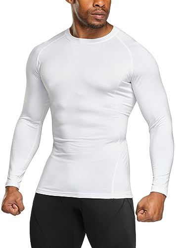 TSLA Men's Thermal Long Sleeve Compression Shirts, Athletic Base Layer Top, Winter Gear Running T-Shirt - color: Heatlock Round Neck White, size: Medium