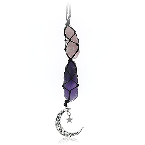 BOHO GARDEN Crystal Hanging Car Charm - Purple Rear View Mirror Hanging Car Accessories for Women, Moon Decor Hanging Ornament, Witchy Gifts and Healing Stones - Rose Quartz & Amethyst - color: Rose Quartz-amethyst
