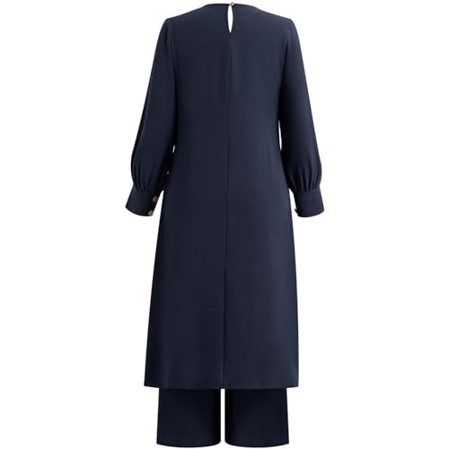 IDOPIP Abaya Dress for Women Muslim Set Long Sleeve Ramadan Islamic Dress Shirt with Pants 2PCS Dubai Prayer Casual Clothes - color: Navy Blue - Split, size: Medium