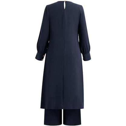 IDOPIP Abaya Dress for Women Muslim Set Long Sleeve Ramadan Islamic Dress Shirt with Pants 2PCS Dubai Prayer Casual Clothes - color: Navy Blue - Split, size: Medium