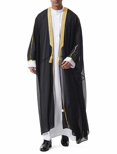 OBEEII Men Muslim Thobe Open Front Chiffon Ramadan Abaya Cardigan Dubai Saudi Embroidery Eid Islamic Clothes Prayer Kaftan - color: Black, size: Medium