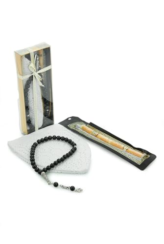 ihvan online Men’s Muslim Kufi Hat Set with Tasbih Prayer Beads & Miswak, Islamic Gift for Ramadan, Eid Mubarak, Hajj & Umrah - color: White