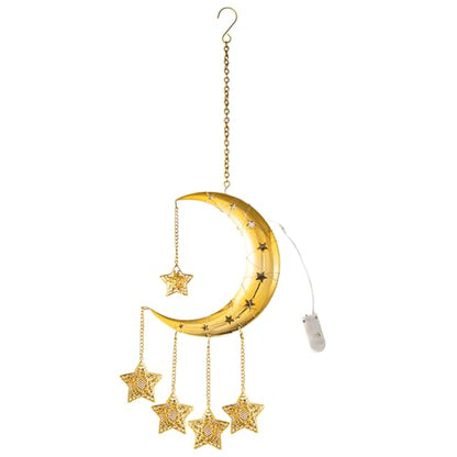 Ramadan Lights Home Decorations, Gold Metal Crescent Moon Hanging Star Lights, Battery Powered Wall Celestial Lamp, Eid Mubarak Bedroom Childrens' Room Window Door Decor, Islamic Muslim Gifts