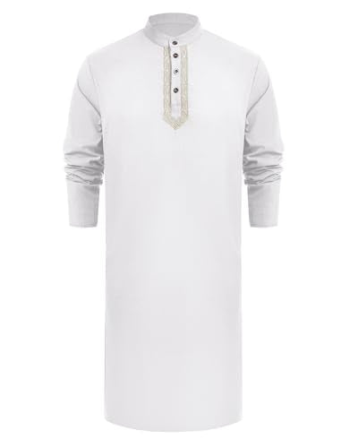 Odizli Muslim Clothes For Men Long Sleeve Stand Collar Thobe Saudi Jubba Dishdasha Kurta Diwali Outfits Indian Clothes - color: White, size: 3X-Large