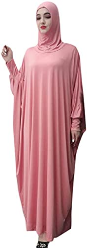 FPOVFPO Womens Solid One-Piece Prayer Dress Muslim Abaya Islamic Maxi Breathable Ramadan Dress Kaftan Hijab - color: Pink