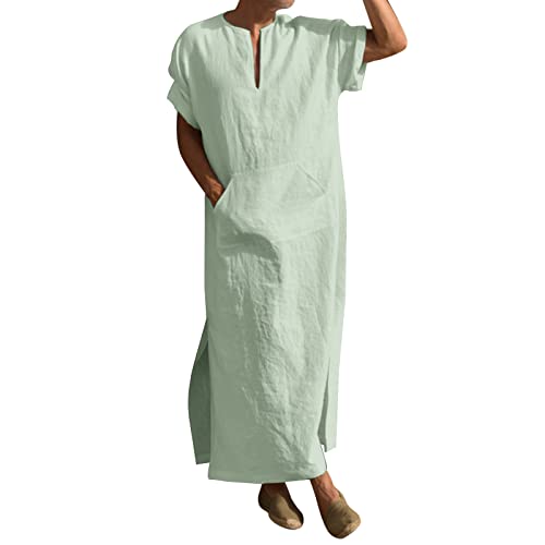 Mens Muslin Robe Full Length Long Sleeve Tops V Neck Kaftan Lightweight Pullover Thobe Comfy Nightshirts - color: A02 Green, size: 5X-Large