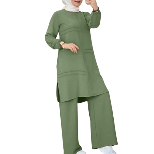 Abayas Dress For Women Muslim Long Sleeve Loose Top Pants 2 Pcs Dubai Islamic Muslim Women Matching Sets - color: Sage Green Cc, size: Medium