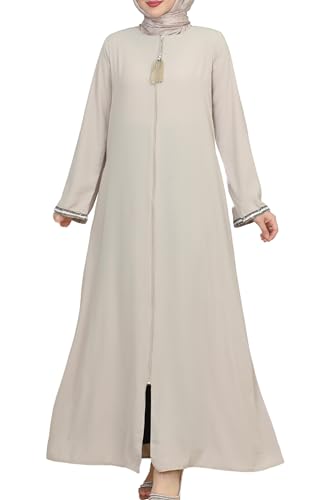 istanbul styles Women's Stone Sleeves Abaya Long Sleeve Floor Length Zipper Floor Length Turkey Islamic Fashion - color: Beige, size: 3X-Large