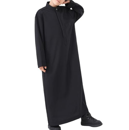 Boys Muslim Abaya Thobe Long Sleeve Cotton Islamic Prayer Kaftan Clothes Teen Kids Ramadan Plain Soft Festive Thobe - color: Black, size: 9-10 Years