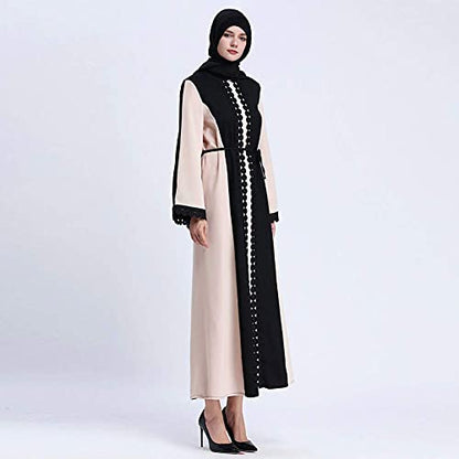 Traditional Muslim Women Abaya Dress 3D Fower Blooming Long Sleeve Maxi Length Cardigan Robe with Sashes Saudi Arab Dubai (L, 49# Khaki spliced black)