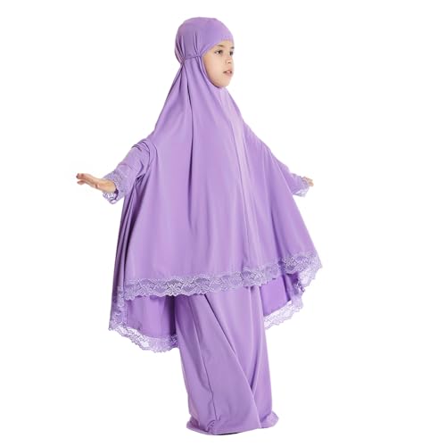 IBTOM CASTLE Little Girls Muslim Prayer Dress Abaya Long Sleeve Full Cover Lace Hijab Kaftan Dubai Islamic Modest Eid Jilbab - color: Purple, size: 11-12 Years