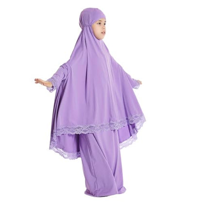 IBTOM CASTLE Little Girls Muslim Prayer Dress Abaya Long Sleeve Full Cover Lace Hijab Kaftan Dubai Islamic Modest Eid Jilbab - color: Purple, size: 7-8 Years