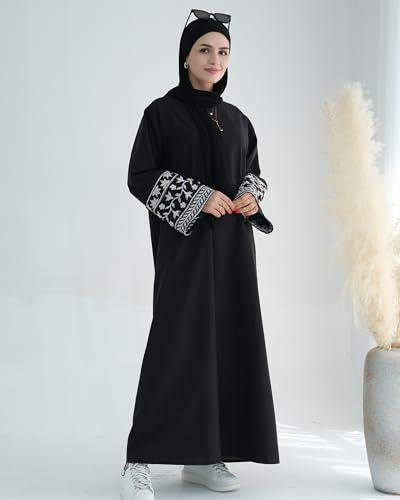 Embroidered Muslim Abaya Long Sleeve Dubai Dress Turkish Robe Zipper Maxi Dess Women Eid Clothes - color: Black, size: Medium