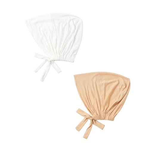 Women Under Scarf Hat Hijab Undercap Islamic Muslim Under Scarf Hijab Cap with Tie-Back Closure - color: White+beige(2pcs)