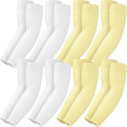 Mochabao 8 Pairs Soft Arm Sleeves, UV Sun Protection Cooling Compression Arm Covers for Outdoor Work, Sports, Men & Women - color: 4 White + 4 Light Yellow