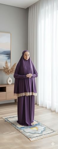 Women's Prayer Dress 2 Pieces Solid Color Plus Long Sleeve | One-Size | Hijab Abaya Suit - color: Purple
