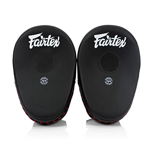 Fairtex FMV13 Maximized Focus Mitts, Muay Thai Kickboxing MMA Punching Pads | Premium Syntek leather shell with multi-layer foam. Curved shape with hook-and-loop wrist strap absorbs trainer strike impact - color: Black
