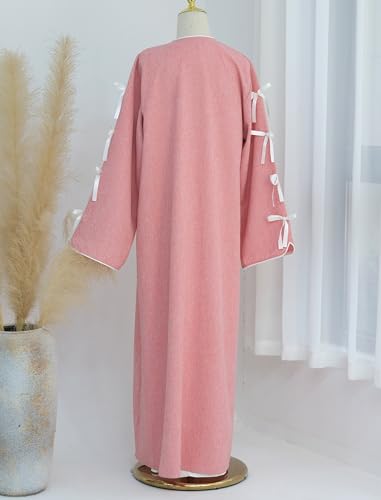 ODIZLI Women's Eid Abaya Dresses Long Sleeve Open Front Pearl Bowknot Prayer Dress Ramadan Cardigan Dubai Kaftan - color: Pink, size: Large