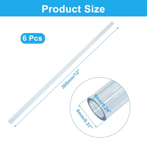 Piutouyar 6 Pcs Round Clear Rigid Tubing Pipe, 0.24 Inch (6 mm) ID x 0.31 Inch (8 mm) OD x 12 Inch (305 mm) Length Rigid Tubing Plastic Polycarbonate Tube - size: 6mmx8mm