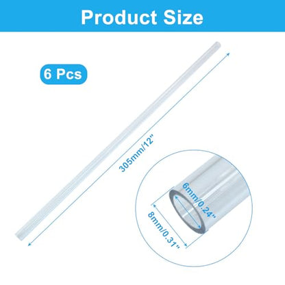 Piutouyar 6 Pcs Round Clear Rigid Tubing Pipe, 0.24 Inch (6 mm) ID x 0.31 Inch (8 mm) OD x 12 Inch (305 mm) Length Rigid Tubing Plastic Polycarbonate Tube - size: 6mmx8mm