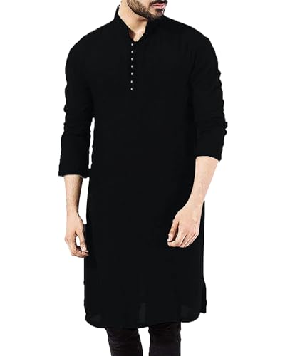 YAOHUOLE Men's Long Sleeve Muslim Thobe Robe Button Up Kaftan With Side Split and Pockets - color: 02black, size: Large
