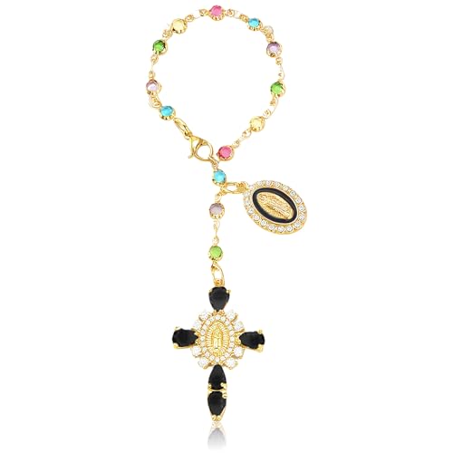 Virgen De Guadalupe Car Charm - Steering Wheel Accessory & Rearview Mirror Hanging, Cross Pendant Automotive Protection Decor - color: Gold-black