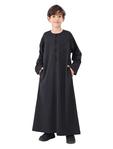 IDOPIP Muslim Thobe for Boys Kids Long Sleeve Islamic Arabic Kaftan Robe Middle East Dubai Prayer Dress Clothes with Pockets - color: Black, size: 9-10 Years