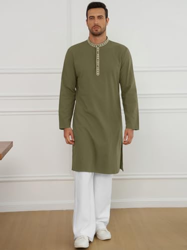 Runcati Mens Cotton Kaftan Robe Long Sleeve Button Down Henley Shirts Thobe Casual Side Split Gown Shirt - color: Army Green, size: Medium