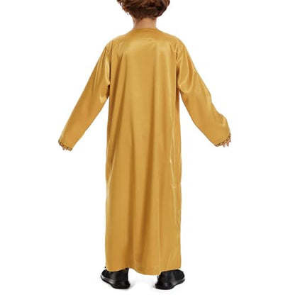 Boys Muslim Clothing Kids Prayer Outfits Long Sleeve Eid Dresses Embroidered Thobe Solid Color Crewneck Arabic Abaya - color: Yellow, size: 11-12 Years