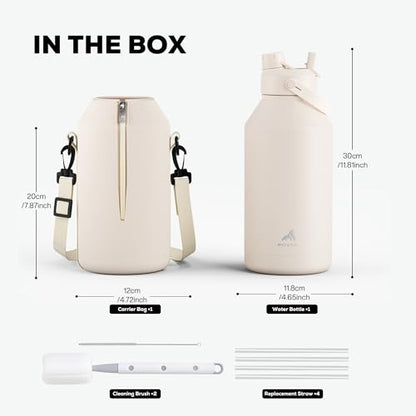 POWCAN 64 oz Water Bottle Insulated with 2-in-1 Straw and Spout Lid, Carrier Bag, Handle Strap, Leakproof, BPA-Free, Half Gallon Metal Water Bottle for Camping, Picnic and Hydration (Cream) - color: Cream