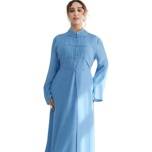 Lenmipot Elegant Middle Eastern Abaya 2pcs Stand Collar Maxi Dress for Women Muslim Jilbab Kaftan Eid Dubai Abaya Outfits - color: Bluea, size: Large