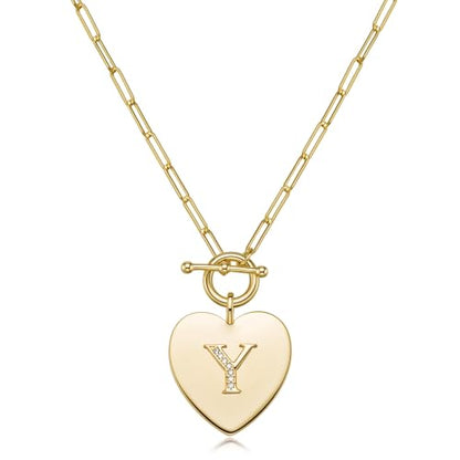 14K Gold Filled Heart Initial Necklace for Women, Dainty Alphabet Pendant Necklace with Paperclip Chain, Hypoallergenic Jewelry Gift for Her - color: Letter Y