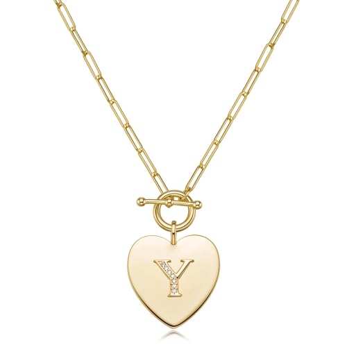 14K Gold Filled Heart Initial Necklace for Women, Dainty Alphabet Pendant Necklace with Paperclip Chain, Hypoallergenic Jewelry Gift for Her - color: Letter Y