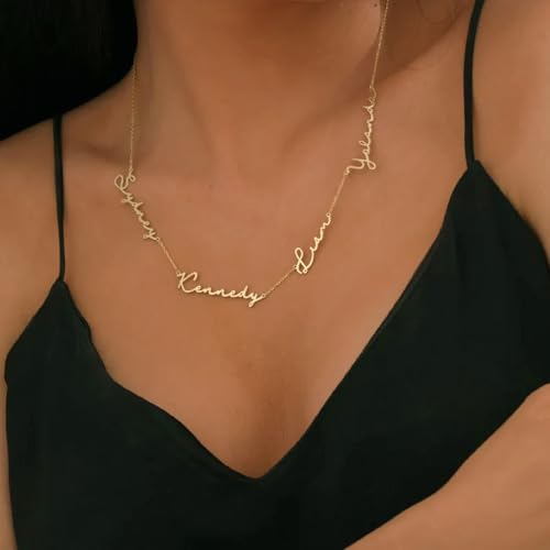 Ajiangwu 18K Gold Plated Name Necklace Personalized,Multiple Custom Name Necklace Family Necklace with Kids Names Customized Choker Necklace for Women - color: 4 Names