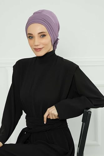 Aisha's Design Instant Turban Head Wraps for Women, Combed Cotton Scarf Lightweight Pre tied Hijab with Back Rose Detail - color: Lilac