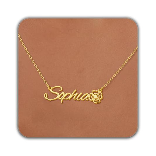 Elemtansy Custom Name Necklace with Birth Flower, Personalized Jewelry Necklaces for Women, 18K Gold Name Plate Necklaces Personalized Mothers Day Birthday Gifts for Women Sister Best Friend - color: 4-Name with Birth flower