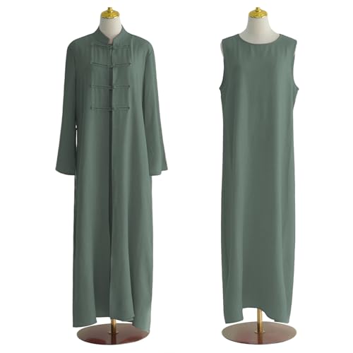 2PCS Women Muslim Abaya Dress Stand Collar Full Coverage Cardigan Dress Set - color: Green, size: Medium