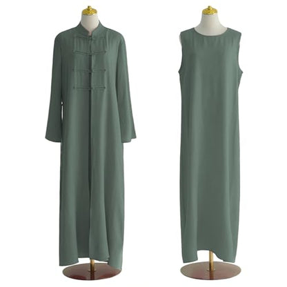 2PCS Women Muslim Abaya Dress Stand Collar Full Coverage Cardigan Dress Set - color: Green, size: Medium