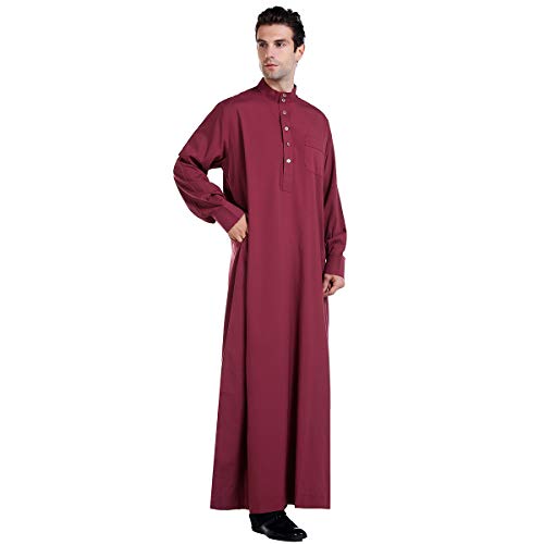 Men Arabic Long Sleeve Pure Color Thobe Crew Stand Collar Kaftan Robe with Button - color: Red, size: Small