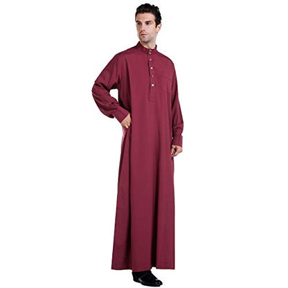 Men Arabic Long Sleeve Pure Color Thobe Crew Stand Collar Kaftan Robe with Button - color: Red, size: Large