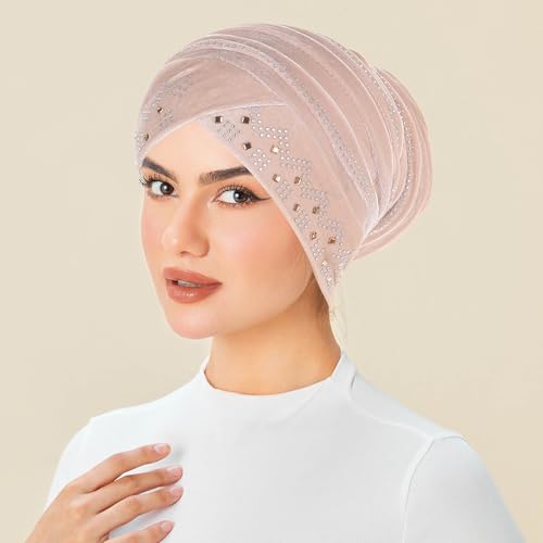 Rhinestone Hijab Turban Hats for Women Beanies Bandana Headwrap Cap Beanies Headwear Headscarf Undercap Turban Hat - color: Beige