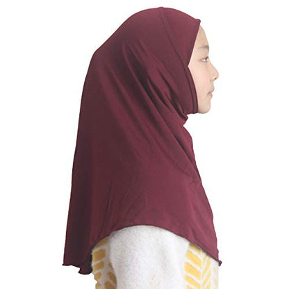 Girls Hijab Muslim Scarf for Kids – Ready to Wear, Solid Color, Soft & Breathable Daily Headwear for Ages 6-11 - color: Wine Red