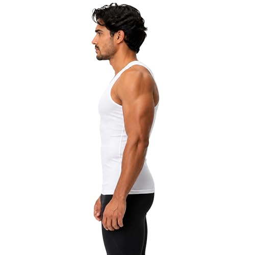DEVOPS 3 Pack Men's Muscle Dry Fit Compression Tank Top Sleeveless Shirt | Compression Fit, Wicking, 4-Way Stretch, Running, Workout, UPF 50+, Sleeveless - color: White / White / White(gray-stitch), size: Large
