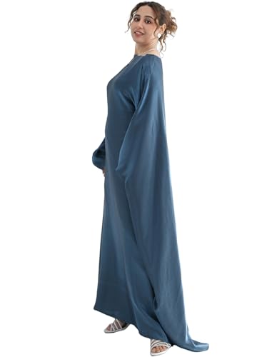 Dubai Bat Sleeve Dress Shiny Robe for Women Muslim 1pc Abaya Eid Prayer Clothes Soft Dubai Travel Party Dress Maxi Abaya - color: Blue Greya, size: Medium