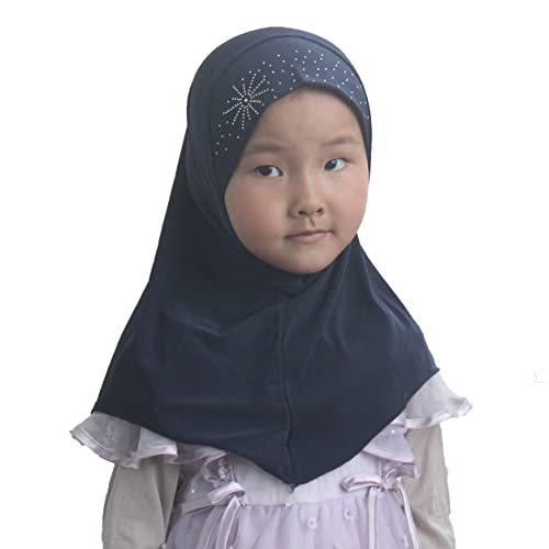 Girls Kids Muslim Hijab Islamic Scarf, Shawl with Rhinestone, Ready-to-Wear Daily Scarf for Ages 3-8 - color: Navy Blue